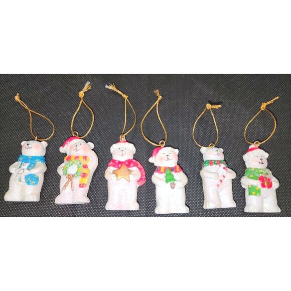 Set Of 6 Bear Mini Christmas Tree Ornaments With Gold Hanging Strings - Picture 1 of 8